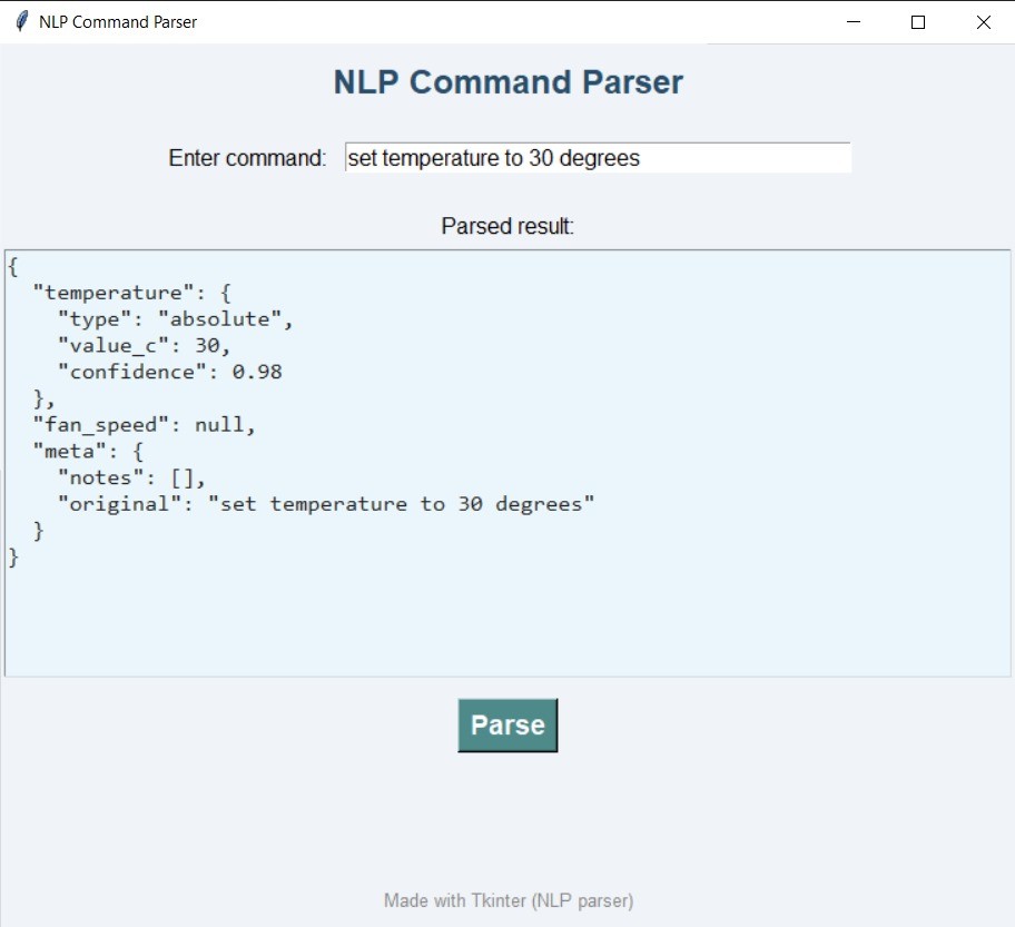 Command parser window: the input 'set temperature to 30 degrees' becomes a structured result with an absolute temperature of 30 and confidence 0.98